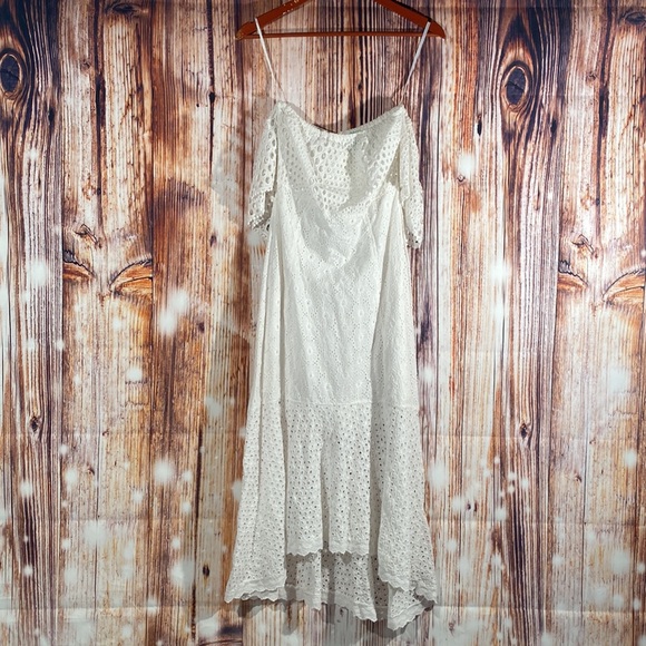 FARM RIO Anthropologie White Cotton Eyelet Off Shoulder midi dress women size XS - Picture 7 of 12